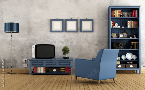 Illustration: Blue vintage living room Blue vintage living room