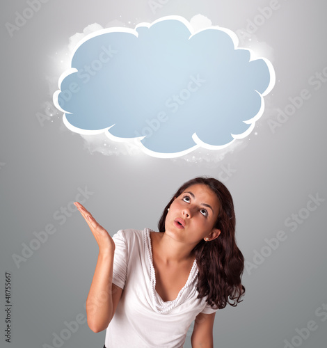 Photo: pretty woman looking abstract cloud copy space pretty woman looking abstract cloud copy space
