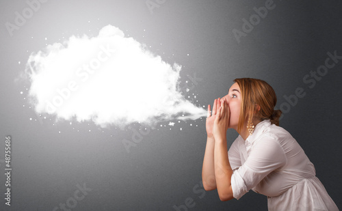 Photo: Young woman with abstract modern speech bubble Young woman with abstract modern speech bubble