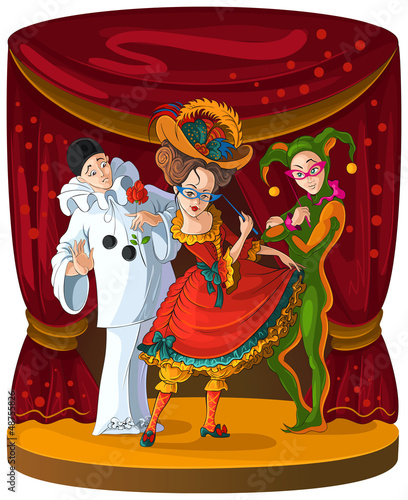 Vector: Columbine, Harlequin and Pierrot - theater comedian characters Columbine, Harlequin and Pierrot - theater comedian characters
