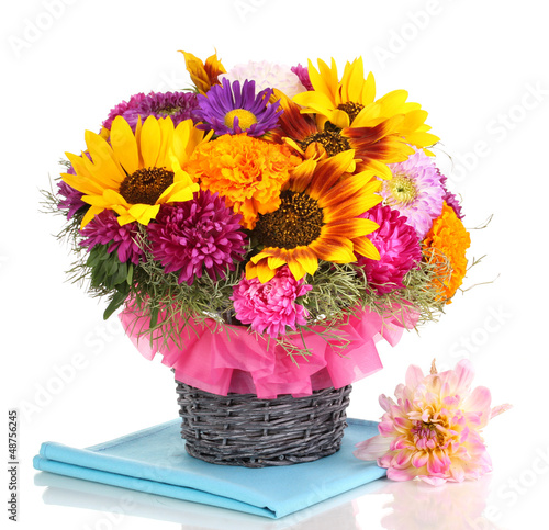 Photo: Beautiful bouquet of bright flowers isolated on white Beautiful bouquet of bright flowers isolated on white