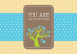 Illustration: Valentine card with a blue polkadot ribbon and a retro label Valentine card with a blue polkadot ribbon and a retro label