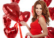 woman with red heart balloon on a white background