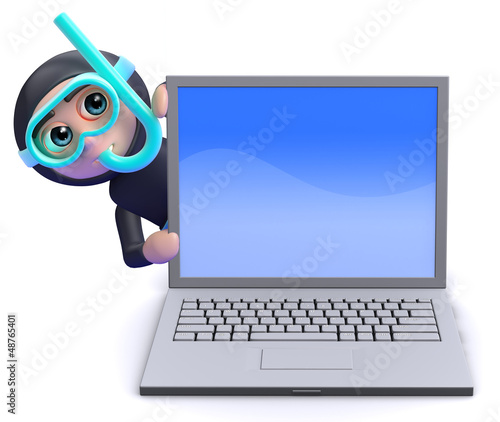 Illustration: Scuba guy is behind a laptop Scuba guy is behind a laptop