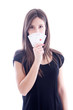 Photo: Young woman with cards in hand on white background Young woman with cards in hand on white background