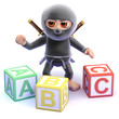Ninja learns his alphabet with wooden blocks
