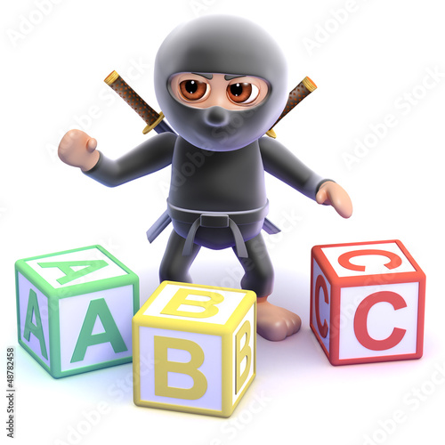 Illustration: Ninja learns his alphabet with wooden blocks Ninja learns his alphabet with wooden blocks