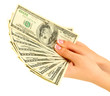 Female hand with dollars, close up, isolated on white