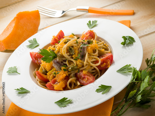 Photo: spaghetti with pumpkin anchovy caper and fresh tomatoes spaghetti with pumpkin anchovy caper and fresh tomatoes