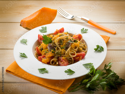 Photo: spaghetti with pumpkin anchovy caper and fresh tomatoes spaghetti with pumpkin anchovy caper and fresh tomatoes
