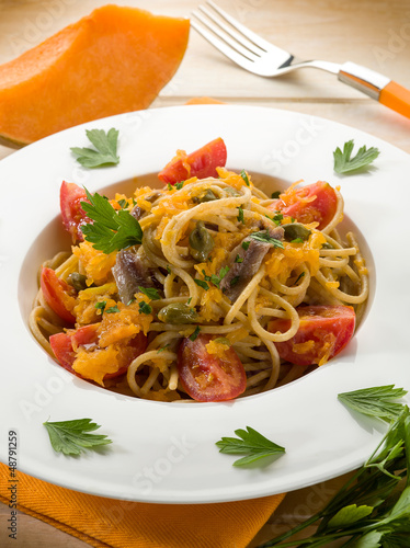 Photo: spaghetti with pumpkin anchovy caper and fresh tomatoes spaghetti with pumpkin anchovy caper and fresh tomatoes