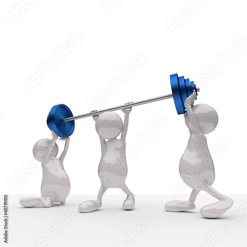 Illustration: 3D People Teamwork Holding Blue Weights 3D People Teamwork Holding Blue Weights