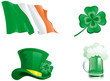 Set of  green hat, beer, clover, and ireland flag.
