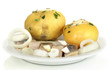 Dish of herring and potatoes on plate isolated on white
