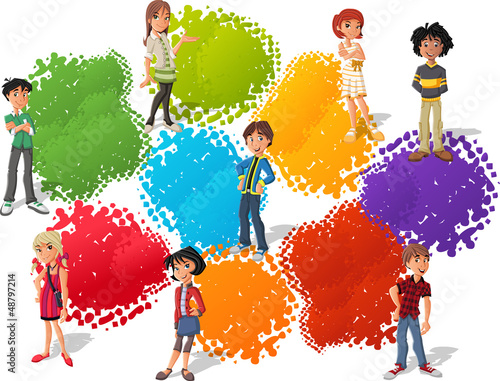 Vector: Colorful template with cool cartoon young people. Teenagers. Colorful template with cool cartoon young people. Teenagers.