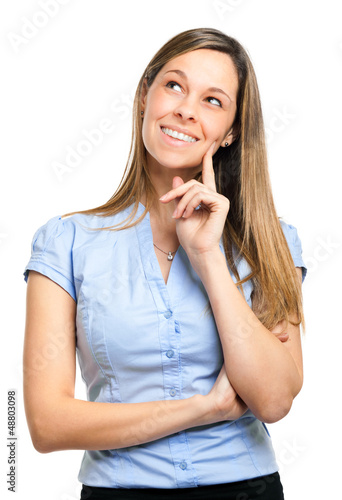 Photo: Thinking young woman isolated on white Thinking young woman isolated on white