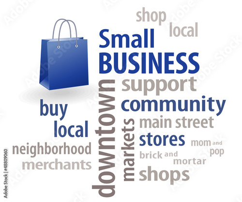 Illustration: Small Business Word Cloud. Shopping bag. Local community stores. Small Business Word Cloud. Shopping bag. Local community stores.