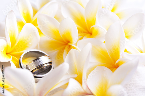 Photo: Two Hebrew wedding rings and flowers Two Hebrew wedding rings and flowers