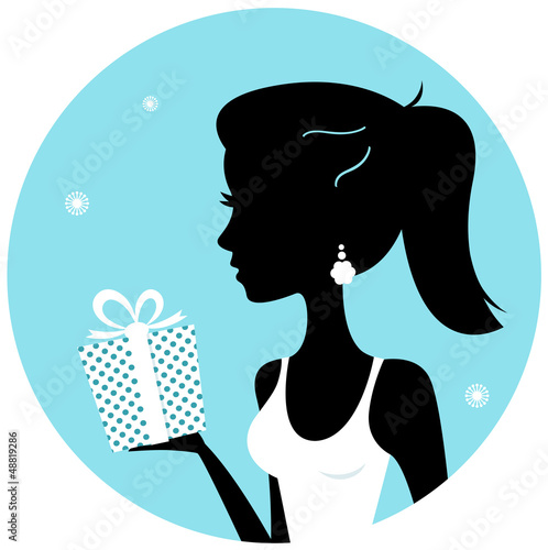 Vector: Beautiful woman silhouette with gift isolated on blue Beautiful woman silhouette with gift isolated on blue