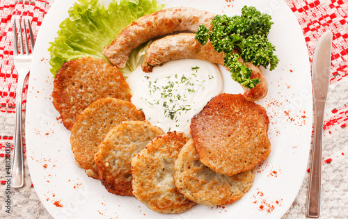 Photo: potato pancakes with sausage potato pancakes with sausage