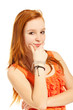 portrait girl on white background, she thinking