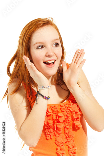 Photo: portrait teenager on white background, look up portrait teenager on white background, look up