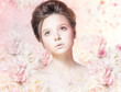 Beautiful Woman Face. Natural Makeup. Floral Rose Pattern