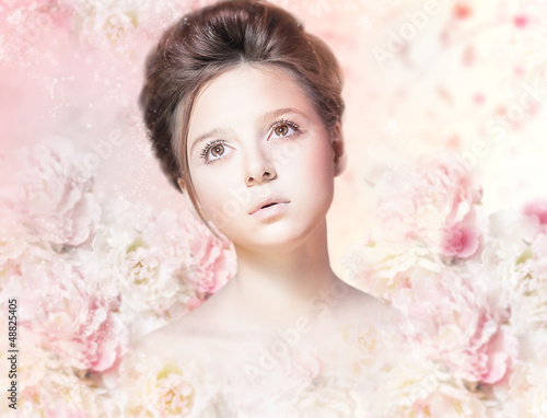 Photo: Beautiful Woman Face. Natural Makeup. Floral Rose Pattern Beautiful Woman Face. Natural Makeup. Floral Rose Pattern