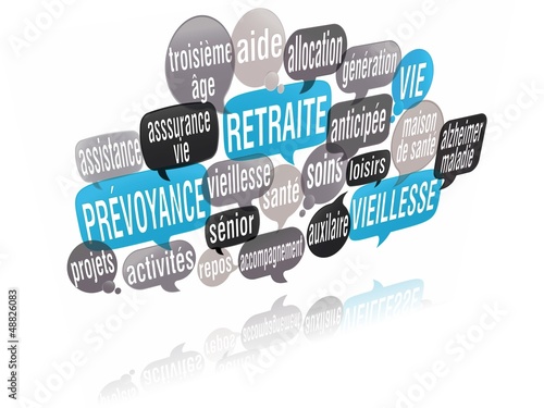 Illustration: nuage de mots bulles 3d : retraite nuage de mots bulles 3d : retraite