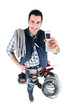 electrician with telephone and tools