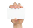 Hand holds charge card on white background .
