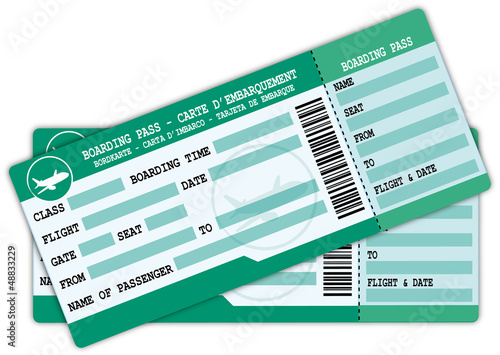 Illustration: Two Boarding passes. Green and blue flight coupons. Two Boarding passes. Green and blue flight coupons.