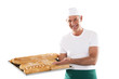Chef preparing menu Baker holding tray with bread
