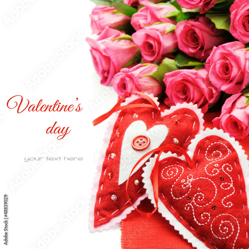 Photo: Two Valentine hearts with bouquet of pink roses Two Valentine hearts with bouquet of pink roses