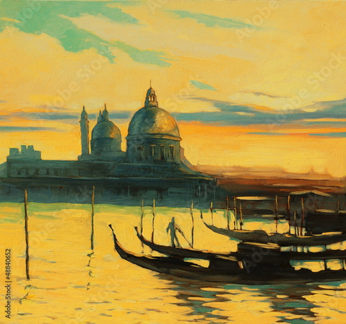 Illustration: gondolas on landing stage in venice, painting by oil paints , il gondolas on landing stage in venice, painting by oil paints , il