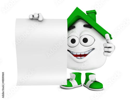 Illustration: Kleines 3D Haus Grün mit blanko Schild Kleines 3D Haus Grün mit blanko Schild