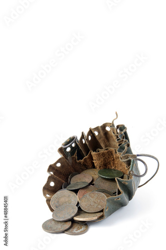 Photo: Old leather pouch full of coins Old leather pouch full of coins