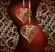 Love background witj two golden hearts, vector