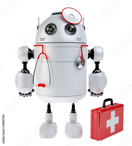 Illustration: Medical robot robot with the first aid kit Medical robot robot with the first aid kit