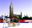 Vintage carriage and horse on London background. Vector illustra