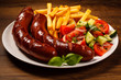 Grilled sausages, French fries and vegetables
