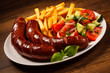 Grilled sausages, French fries and vegetables