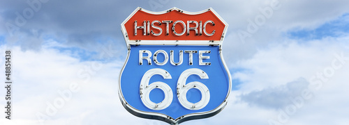 Photo: Panoramic view of famous route 66 sign Panoramic view of famous route 66 sign