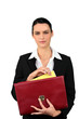 Smart woman taking a file out of a red briefcase