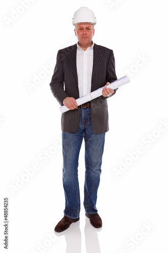 Photo: Architect or Surveyor with plans isoalted Architect or Surveyor with plans isoalted