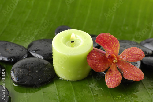 Photo: green candle and red flower and stones green candle and red flower and stones