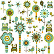 retro style elements;  flowers, trees & birds
