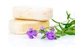 Handmade soap and lavender flowers on a white background