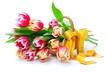 Bunch of red-yellow tulips in a basket on white background,