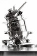 Stack with stainless steel pots and pans on white